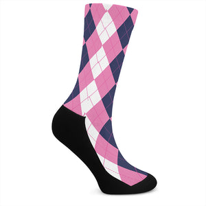 Pink Blue And White Argyle Pattern Print Crew Socks