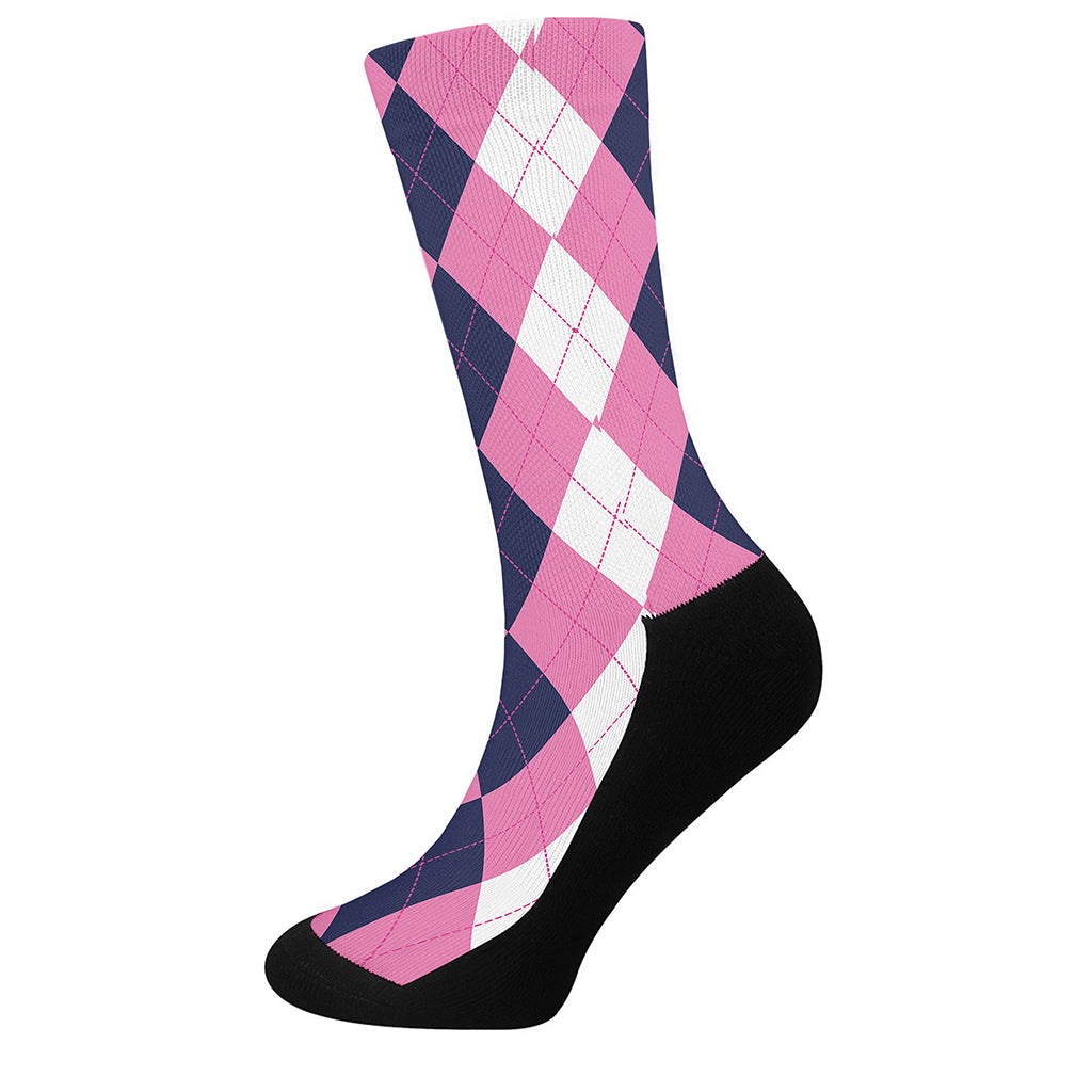 Pink Blue And White Argyle Pattern Print Crew Socks