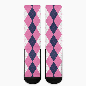 Pink Blue And White Argyle Pattern Print Crew Socks