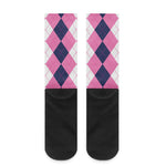 Pink Blue And White Argyle Pattern Print Crew Socks