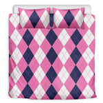 Pink Blue And White Argyle Pattern Print Duvet Cover Bedding Set