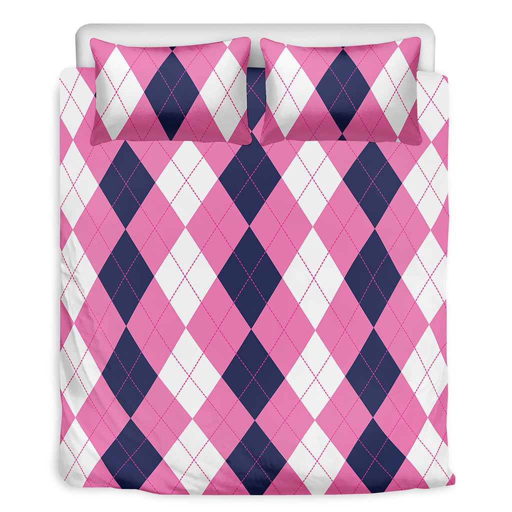 Pink Blue And White Argyle Pattern Print Duvet Cover Bedding Set