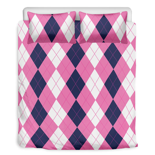 Pink Blue And White Argyle Pattern Print Duvet Cover Bedding Set