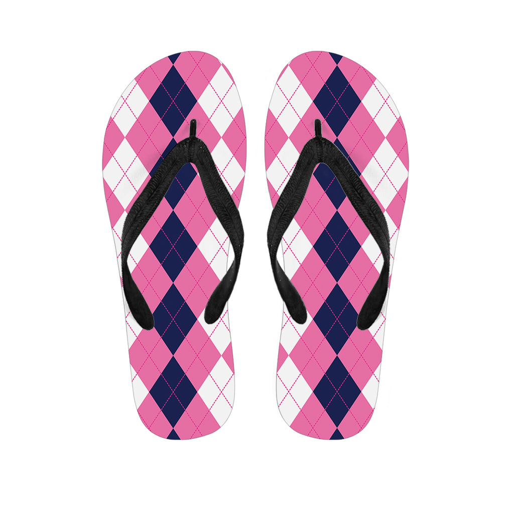 Pink Blue And White Argyle Pattern Print Flip Flops
