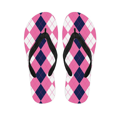 Pink Blue And White Argyle Pattern Print Flip Flops