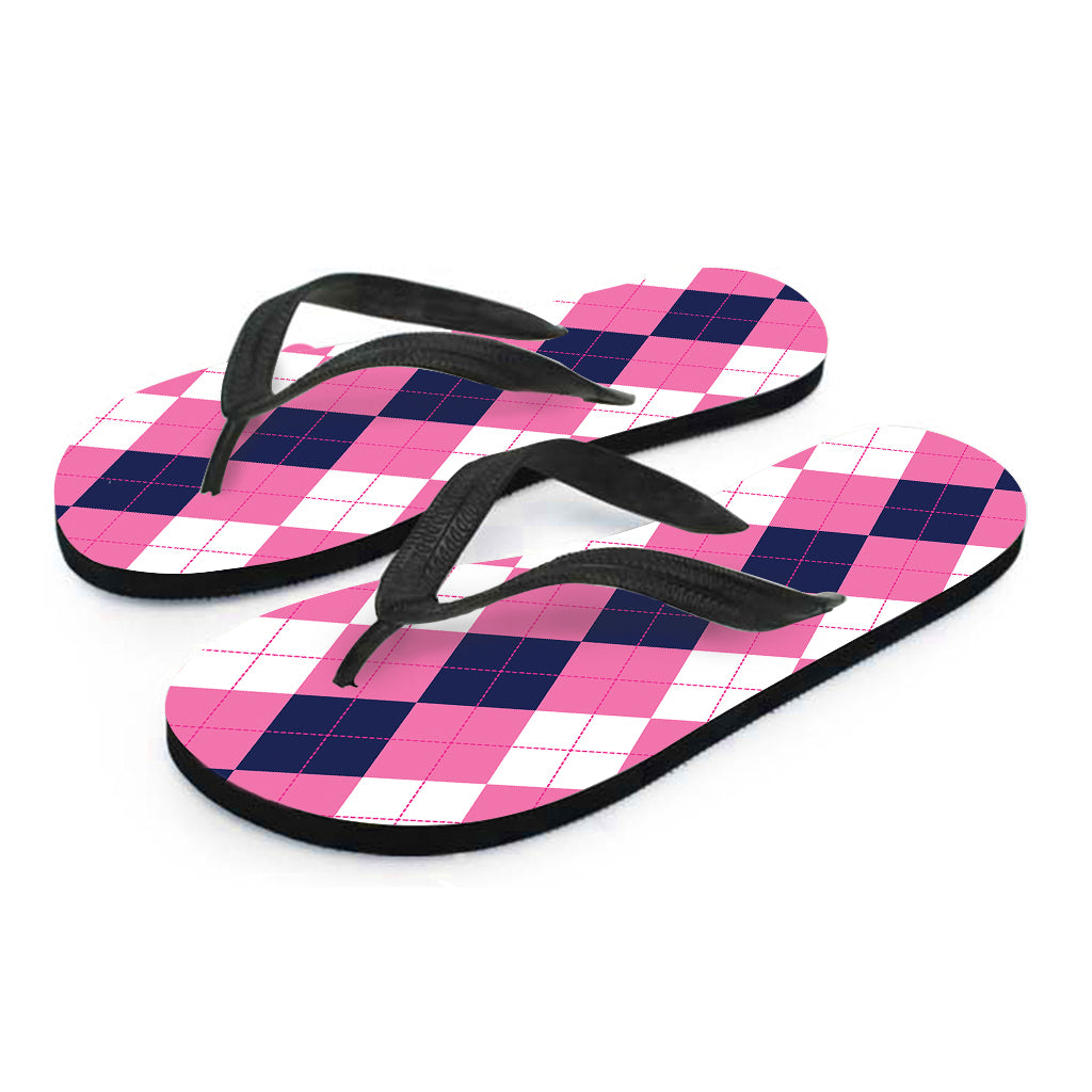 Pink Blue And White Argyle Pattern Print Flip Flops