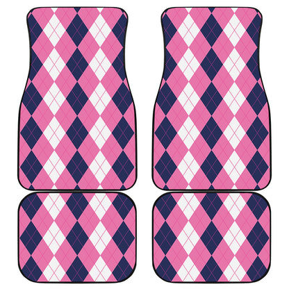 Pink Blue And White Argyle Pattern Print Front and Back Car Floor Mats