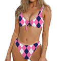 Pink Blue And White Argyle Pattern Print Front Bow Tie Bikini