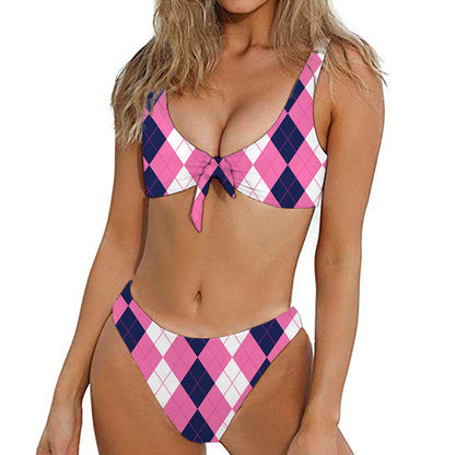 Pink Blue And White Argyle Pattern Print Front Bow Tie Bikini