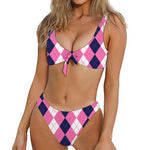Pink Blue And White Argyle Pattern Print Front Bow Tie Bikini