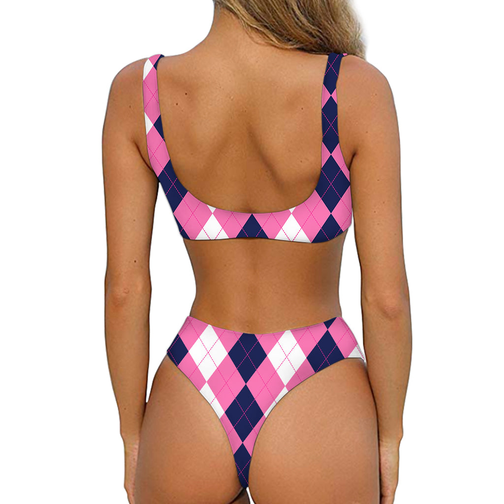 Pink Blue And White Argyle Pattern Print Front Bow Tie Bikini