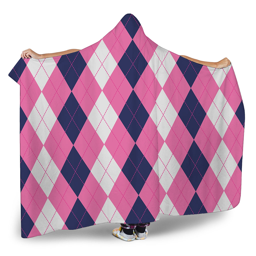 Pink Blue And White Argyle Pattern Print Hooded Blanket