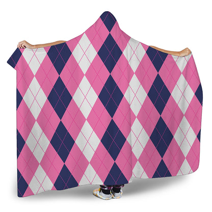 Pink Blue And White Argyle Pattern Print Hooded Blanket