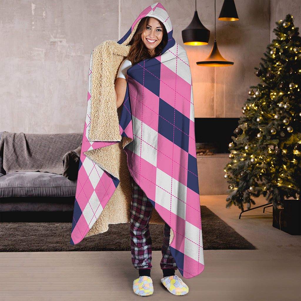 Pink Blue And White Argyle Pattern Print Hooded Blanket