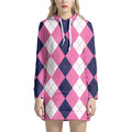 Pink Blue And White Argyle Pattern Print Pullover Hoodie Dress