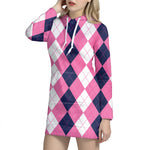 Pink Blue And White Argyle Pattern Print Hoodie Dress