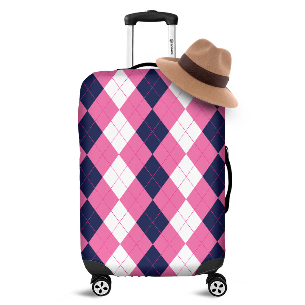 Pink Blue And White Argyle Pattern Print Luggage Cover
