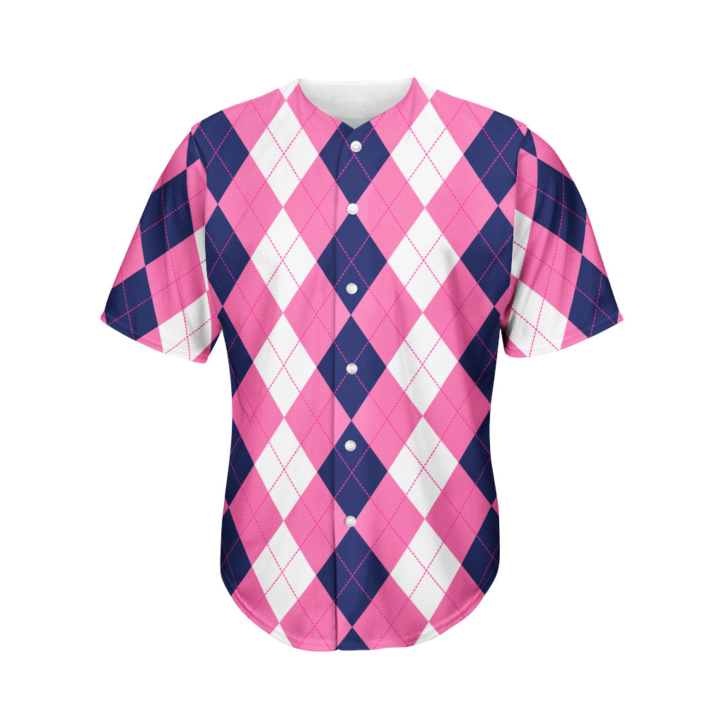 Pink Blue And White Argyle Pattern Print Men's Baseball Jersey