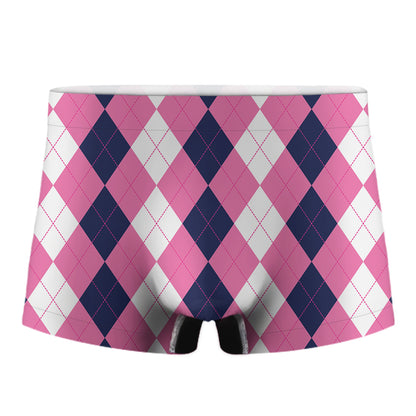 Pink Blue And White Argyle Pattern Print Men's Boxer Briefs