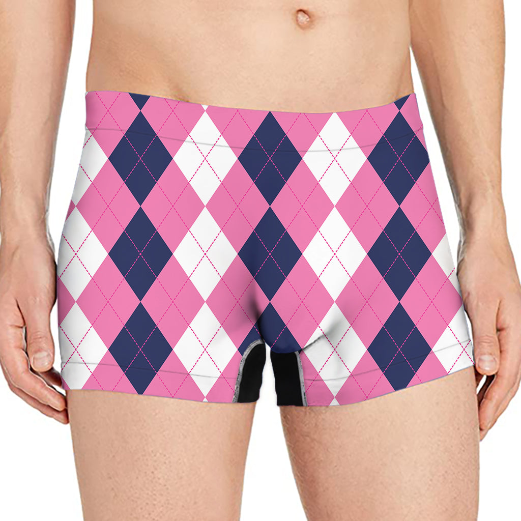 Pink Blue And White Argyle Pattern Print Men's Boxer Briefs