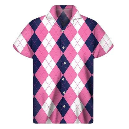 Pink Blue And White Argyle Pattern Print Men's Short Sleeve Shirt