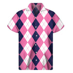 Pink Blue And White Argyle Pattern Print Men's Short Sleeve Shirt