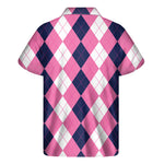 Pink Blue And White Argyle Pattern Print Men's Short Sleeve Shirt