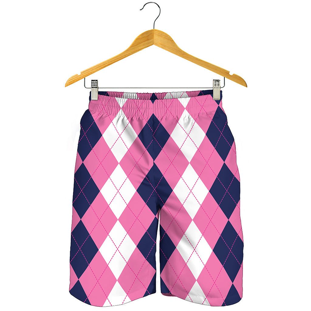 Pink Blue And White Argyle Pattern Print Men's Shorts