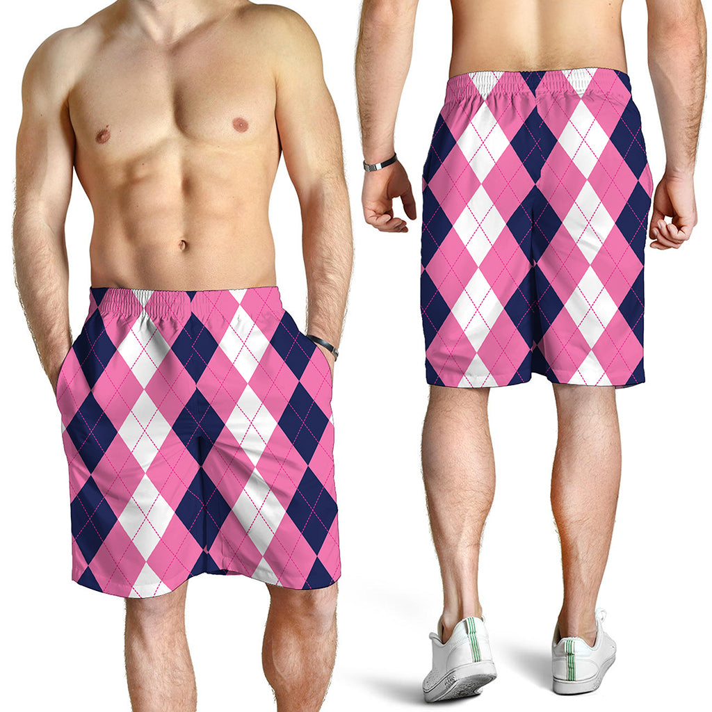 Pink Blue And White Argyle Pattern Print Men's Shorts