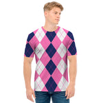 Pink Blue And White Argyle Pattern Print Men's T-Shirt