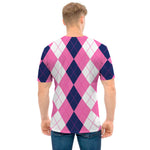 Pink Blue And White Argyle Pattern Print Men's T-Shirt