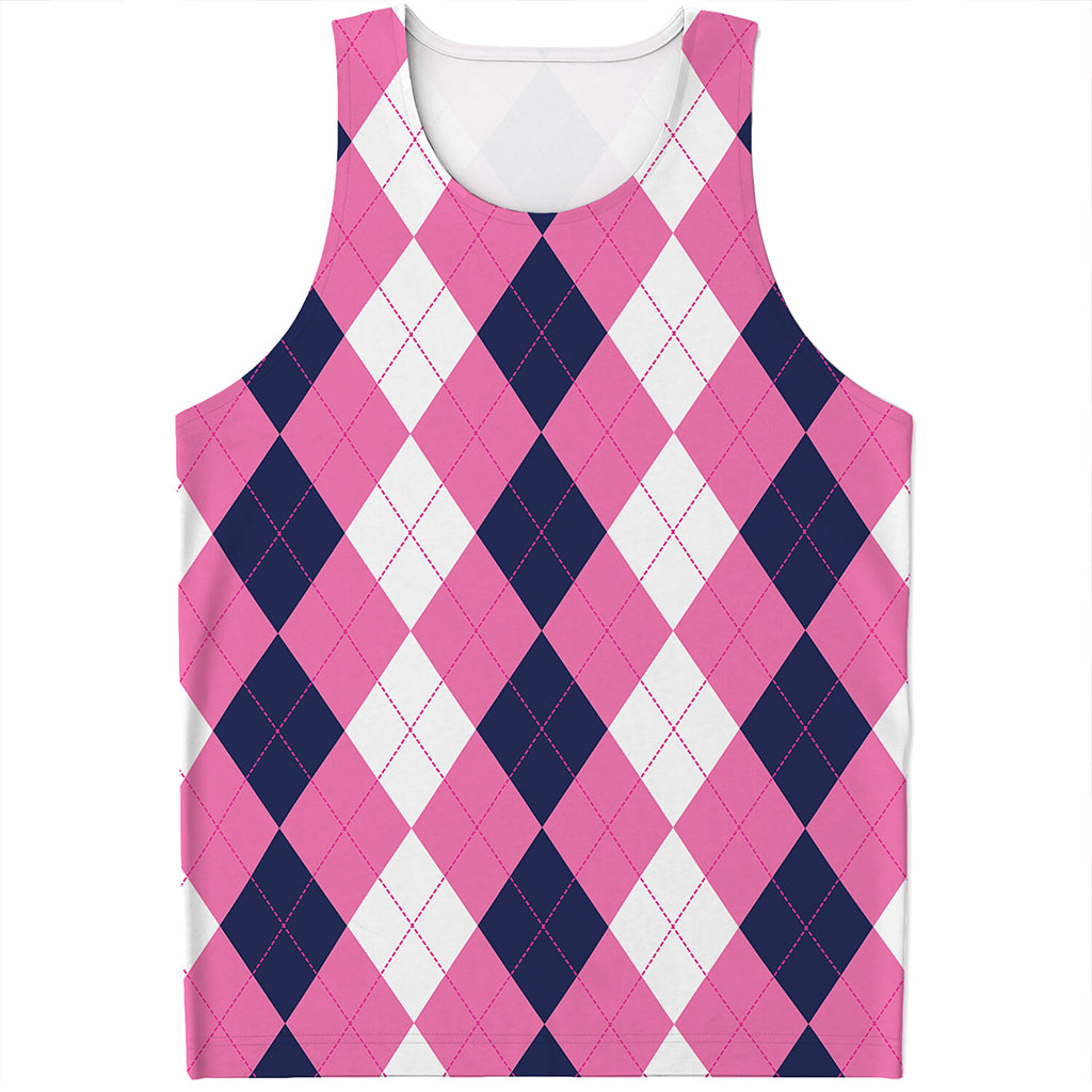 Pink Blue And White Argyle Pattern Print Men's Tank Top