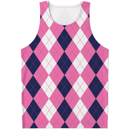 Pink Blue And White Argyle Pattern Print Men's Tank Top