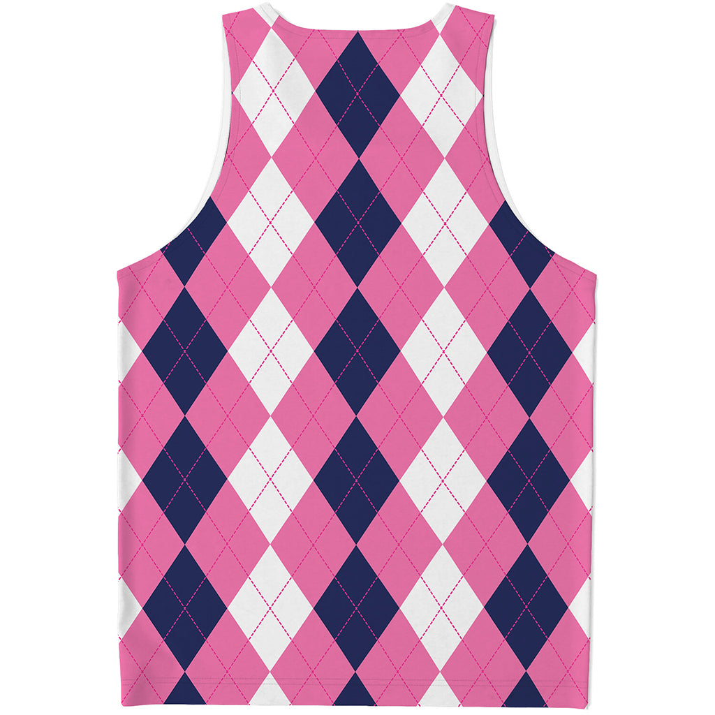 Pink Blue And White Argyle Pattern Print Men's Tank Top