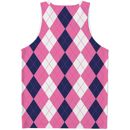 Pink Blue And White Argyle Pattern Print Men's Tank Top