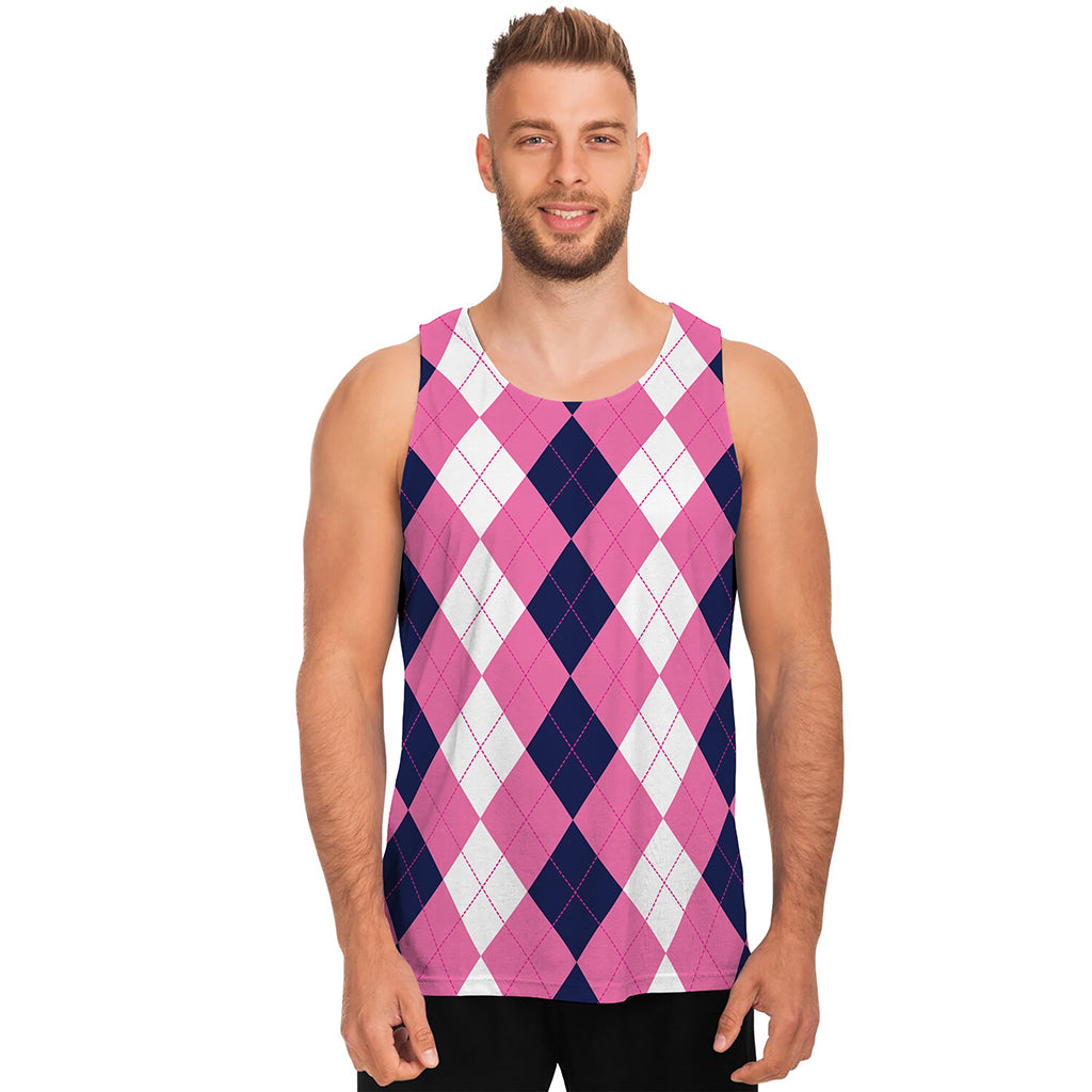 Pink Blue And White Argyle Pattern Print Men's Tank Top