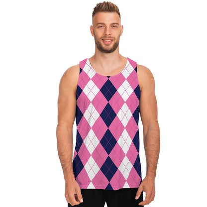 Pink Blue And White Argyle Pattern Print Men's Tank Top