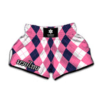 Pink Blue And White Argyle Pattern Print Muay Thai Boxing Shorts