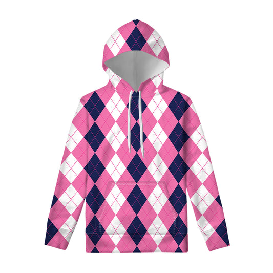 Pink Blue And White Argyle Pattern Print Pullover Hoodie