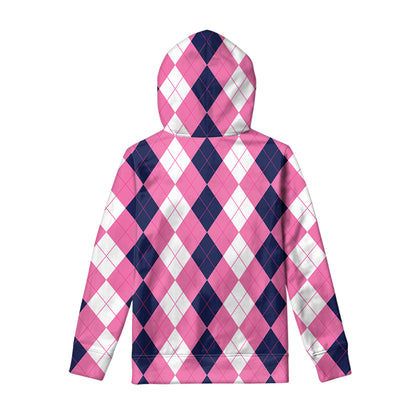 Pink Blue And White Argyle Pattern Print Pullover Hoodie