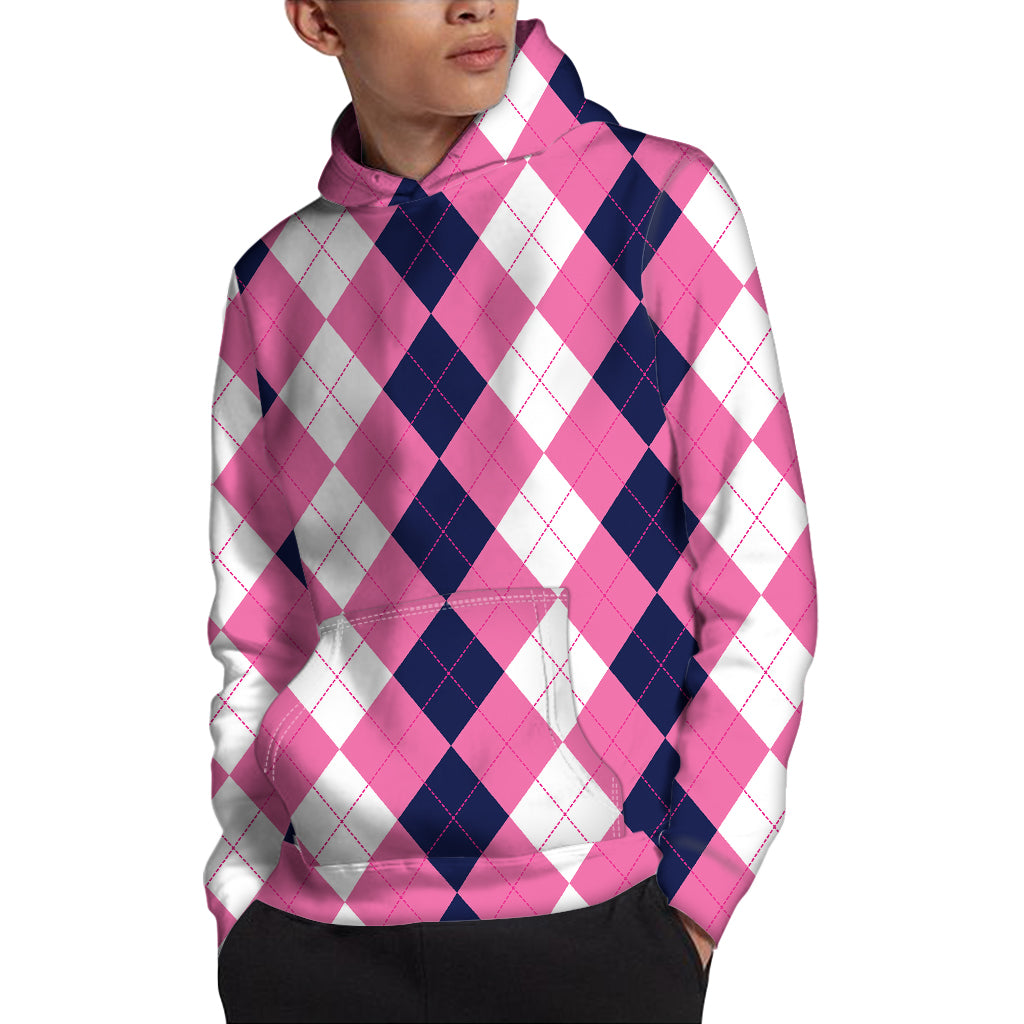 Pink Blue And White Argyle Pattern Print Pullover Hoodie