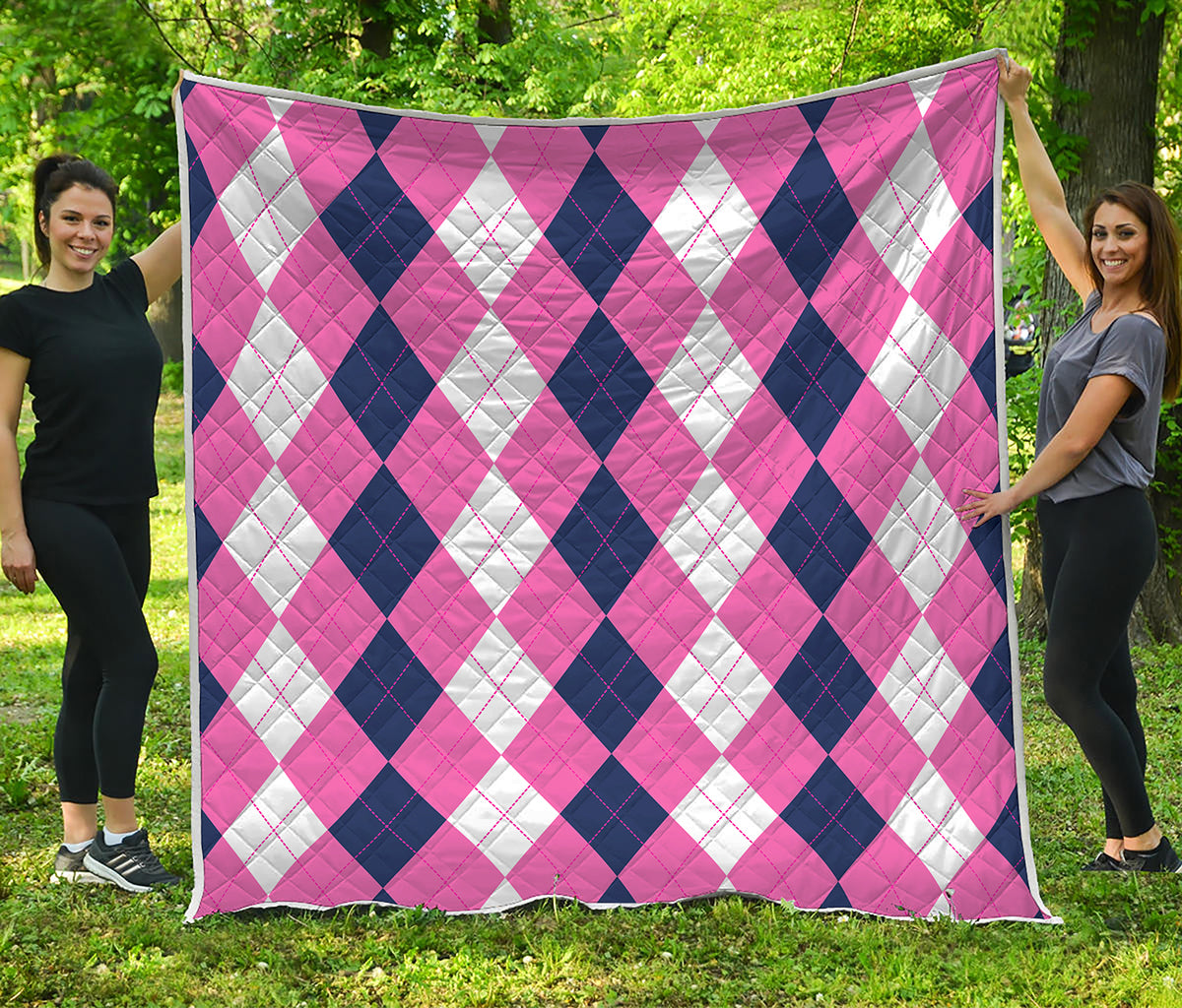 Pink Blue And White Argyle Pattern Print Quilt