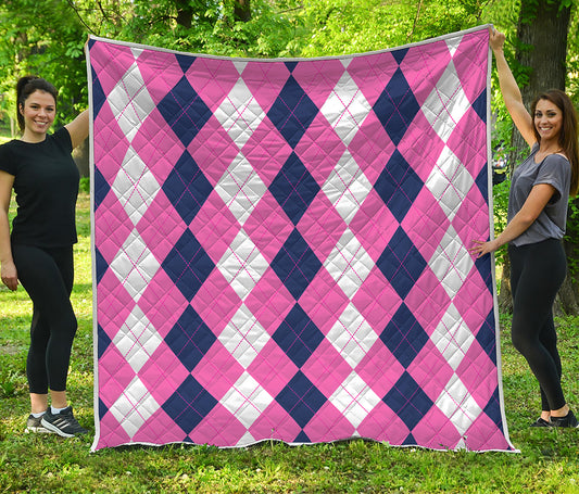 Pink Blue And White Argyle Pattern Print Quilt