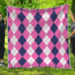 Pink Blue And White Argyle Pattern Print Quilt