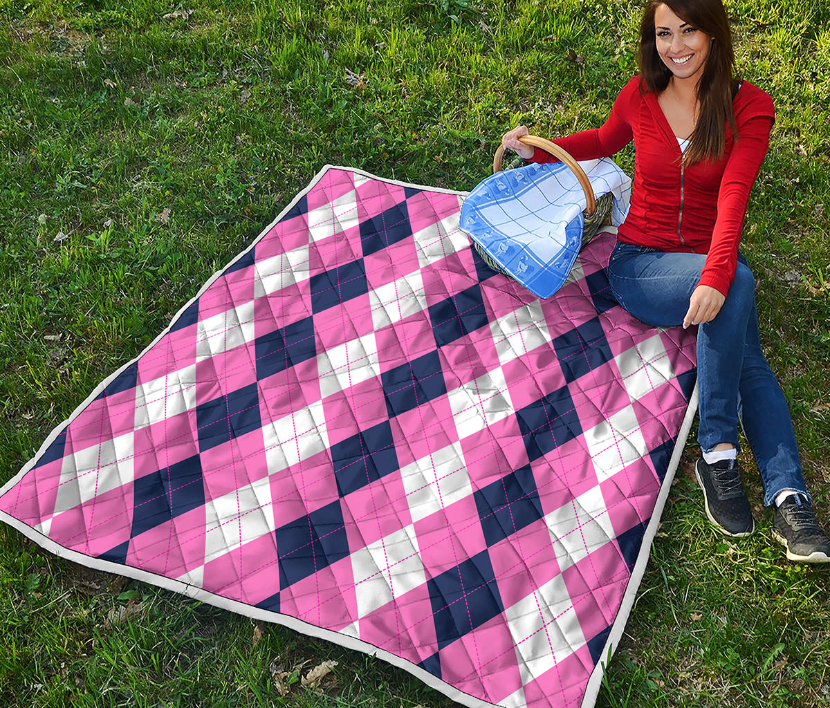 Pink Blue And White Argyle Pattern Print Quilt