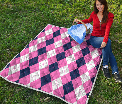 Pink Blue And White Argyle Pattern Print Quilt
