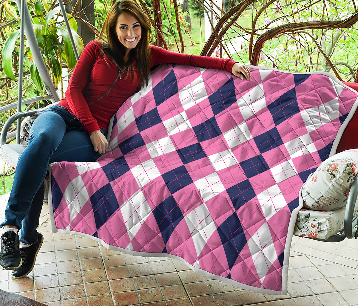 Pink Blue And White Argyle Pattern Print Quilt