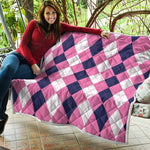 Pink Blue And White Argyle Pattern Print Quilt