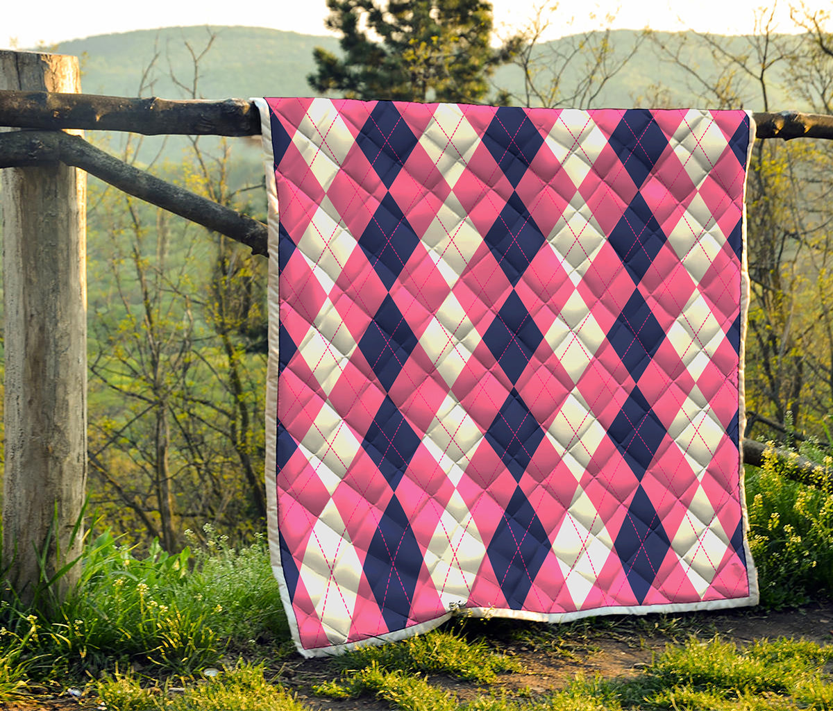 Pink Blue And White Argyle Pattern Print Quilt