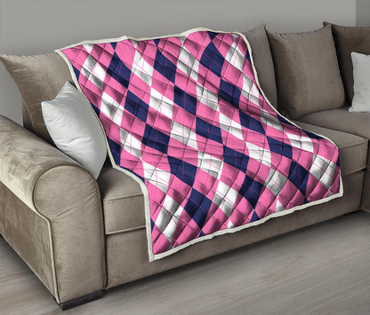 Pink Blue And White Argyle Pattern Print Quilt